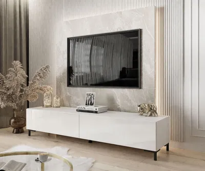 Produktbild von lukmebel COLETTE IV TV-Schrank, Weiß Hochglanz / Schwarz, B175xH39xT40 cm, LED-Beleuchtung, PUSH-OPEN, Klapptüren, 16mm matte Laminatplatte, 2 Nischen