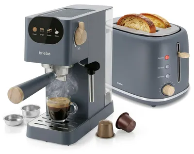 Produktbild von Briebe SKT1221GRY Nordic Set Kaffeemaschine 20 Bar Kapseln und Kaffee, Toaster 2 Breite Scheiben Grau