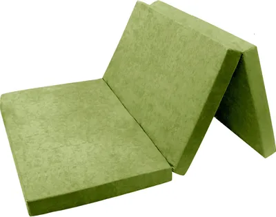 A folded green mattress on a white background.