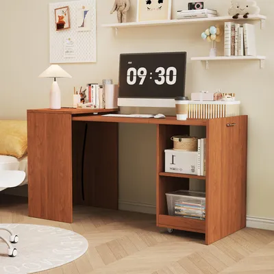 Produktbild von Flieks Multifunktionaler Schreibtisch mit zwei Staufächern, Arbeitstisch, Computertisch 126x55x75cm, Walnussholzfarbe