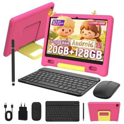 Obrázok produktu pre Tablet Kinder s 10,1-palcovým displejom, klávesnicou, 128 GB úložiskom, 20 GB RAM (3 GB + 17 GB), podporou Widevine L1, operačným systémom Android 15 a Wi-Fi 6