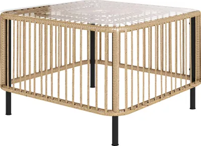 Produktbild von Wetterfester Poly-Rattan Beistelltisch 65x65cm quadratisch mit Glasplatte, Gartentisch Naturholz Outdoor
