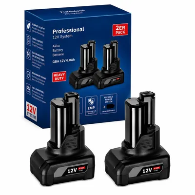 Produktbild von 2x Ersatzakku 12V 6,0Ah Li-Ion kompatibel mit Bosch Professional GBA 12V Akku-System – Werkzeugakku Doppelpack mit LED-Anzeige
