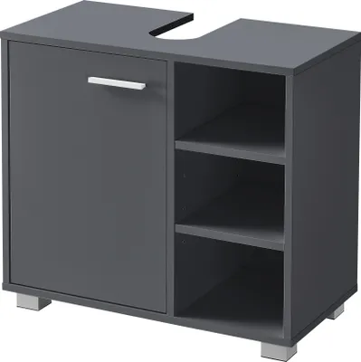 A dark gray bathroom vanity cabinet with a cutout for a sink and three open shelves on the right side.