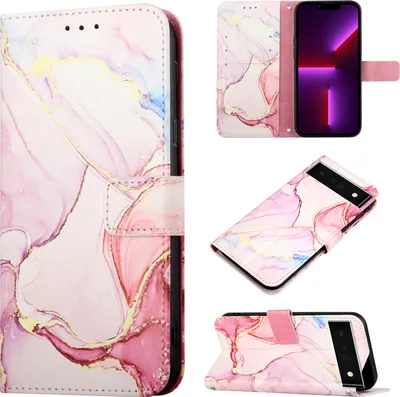 Produktbild von Google Pixel 6 Pro Hülle, Marmor Motiv Kunstleder Tasche Wallet Kartenfächer mit Standfunktion Klapp Schutzhülle für Google Pixel 6 Pro Pink Weiß