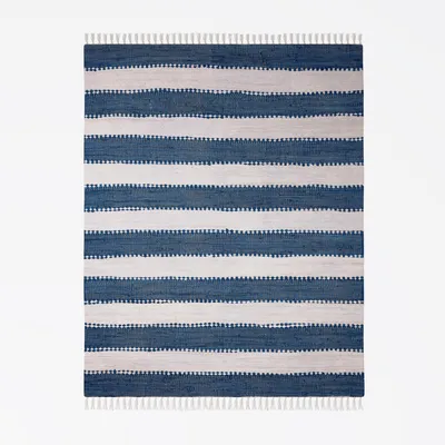Obrázek produktu pro MY-RUG patchworkový koberec, Aarav, 110x60, Chindi koberec modrý bílý, vyrobený z recyklovaných bavlněných zbytků, ručně tkaný, oboustranný, s třásněmi, obdélníkový tvar