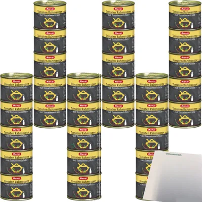 Produktbild von Menzi Tomaten Rahmsuppe mit Tomatenwürfeln 6er Pack (30x200ml Dose) + usy Block