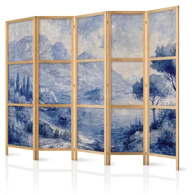 Immagine prodotto di Pannello divisorio giapponese, 5 ante, pieghevole, realizzato in tessuto non tessuto di alta qualità, con motivo di paesaggio blu, ideale per la camera da letto, dimensioni 225 cm x 172 cm