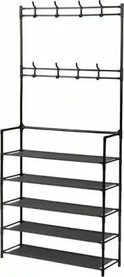 Obrázek produktu pro Věšák na oděvy LIVIT v černé barvě s víceúrovňovým botníkem - 168 x 65 x 25 cm, ideální pro věšáky na oděvy a optimální organizaci oděvů a obuvi.