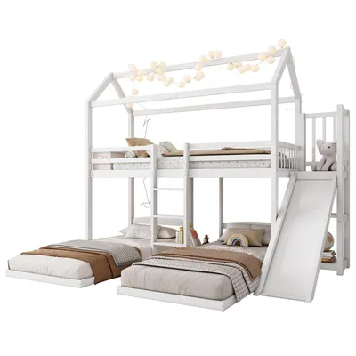 Produktbild von Etagenbett mit 3 Liegeflächen, Rutsche und Lattenrost, 90x200 cm, Kinderbett mit Rausfallschutz und Trittleiter