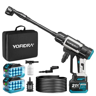 Zdjęcie produktu dla Myjka wysokociśnieniowa Yofidra, zasilana akumulatorem, 250 bar, wydajność 7,5 l/min, 3 tryby pracy, 2 akumulatory, dysza 6-w-1 i wąż o długości 5 metrów