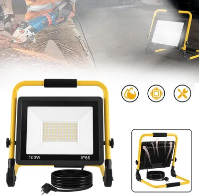 Zdjęcie produktu dla Naświetlacz LED XINZI 100W zimny biały ze stojakiem w kształcie litery U - naświetlacz 8500LM, kabel z wtyczką 3m EU, składany uchwyt, do warsztatu, na budowę, do garażu