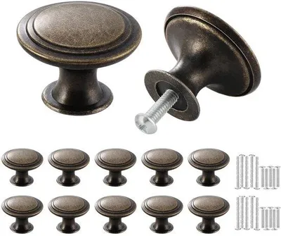 Zdjęcie produktu dla Zestaw 10 sztuk, antyczne, okrągłe uchwyty do mebli, brązowe, wykonane z cynkowej stali, średnica 34 mm, wysokość 24 mm, do szafek i szuflad – z wkrętami o długości 25/45 mm