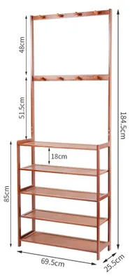 Imagen del producto de Perchero - Estante para ropa - 185 cm de altura - 5 estantes - 8 ganchos - Estante para zapatos - Color marrón