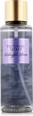 A clear, front-facing studio shot of a Victoria's Secret Midnight Bloom fragrance mist bottle.