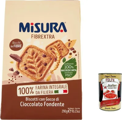 Produktbild von 12x Misura Biscotti Integrali Fibrextra Vollkorn kekse mit dunklen Schokoladentropfen, 100 % Vollkornmehl, reich an Ballaststoffen, 290 g+ italian Gourmet polpa 400g