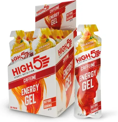Produktbild von HIGH5 – Energy Gel mit Koffein – Energiegel mit Kohlenhydraten – Isotonisches Sportgel – Orangengeschmack – Laufen & Radfahren – 20 x 40 g
