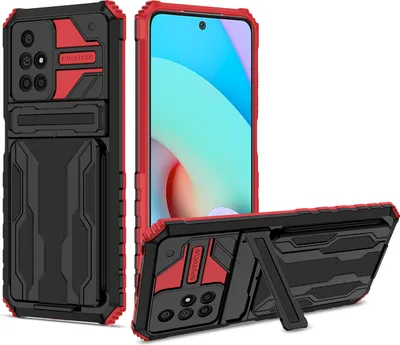 Produktbild von Redmi 10 Hülle, Hybrid Robust Schutz Stoßfest Schutzhülle mit Kartenhalter Ständer für Xiaomi Redmi 10 Rot