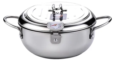 A stainless steel deep fryer pot with a thermometer attached to the lid.