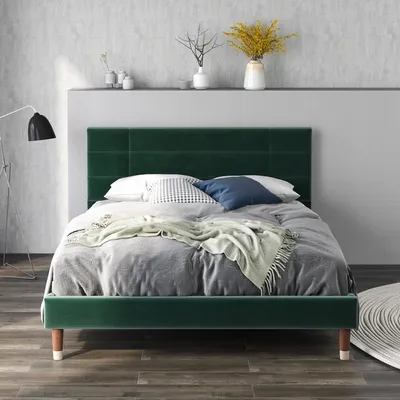 Obrázek produktu pro Čalouněná postel Merax 140x200 cm s roštovým rámem a čelem, rám postele pro mladé, tmavě zelená, ze sametu, manželská postel