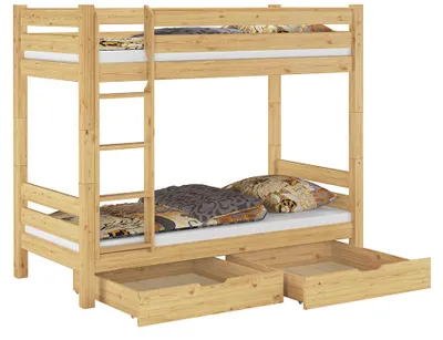Produktbild von Teilbares Etagenbett Massivholz Kiefer 90x200 Hohes Bett Stockbett Zubehör wählbar V-60.11-09Ni100Rollrost und Doppelbettkasten inkl.