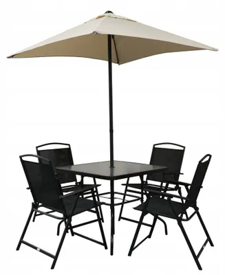 Produktbild von Gartenmöbel Set 6-teilig mit Sonnenschirm, Tisch 80x80 cm & 4 Klappstühlen, schwarz/beige