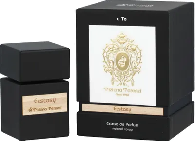 A perfume bottle and its packaging are displayed side-by-side on a white background.