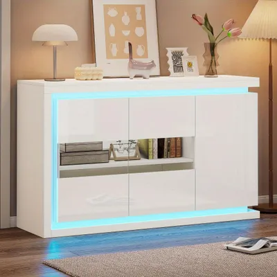 Obrázek produktu pro Komoda - Skříňka - Úložná skříň - Komoda s dvířky - Nástěnná skříňka - Lesklá bílá barva - 140x40x84 cm