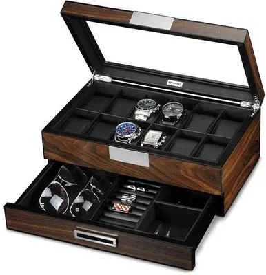 Image de Armoire à montres en bois avec 12 compartiments et vitrine, en noyer