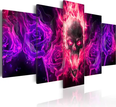 Produktbild von Leinwandbilder 200x100 cm a-A-0108-b-p Vlies Leinwandbild 5 tlg Kunstdruck modern Wandbilder XXL Wanddekoration Design Wand Bild TOTENKOPF FEUER BLUMEN ROSE ABSTRAKT