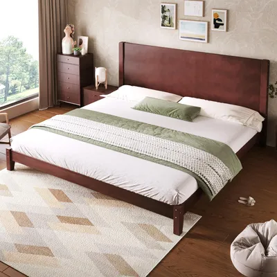 Produktbild von MODFU Doppelbett Holzbett 180x200 mit Holzbettenfüßen Jugendbett Bettgestell mit Kopfteil und Lattenrost mit Matratze Braun