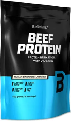 A black and blue pouch of BioTechUSA Beef Protein powder with vanilla-cinnamon flavor.