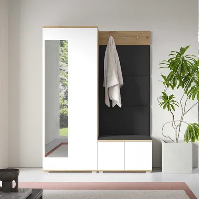Produktbild von Garderoben-Set Aura Version 1: Kleiderschrank mit Polsterpaneelen, Schuhschrank Flur und Eingangsbereich (weiß/Artisan-Eiche /Trinity 16)