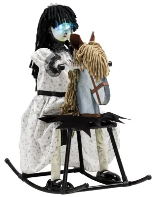 Productafbeelding van HOMCOM Geanimeerd Halloween-meisje op schommelpaard, 72 cm, voor gebruik binnenshuis