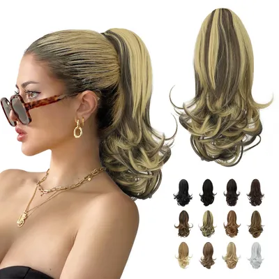 Productafbeelding van Haarverlenging paardenstaart, krullend, clip-in, 33 cm, blond en mediumbruin, synthetisch