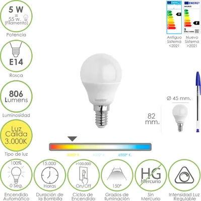 Image de Ampoule LED sphérique avec filetage E14. 5 watts. Équivalent à 55 watts. 806 lumens. Lumière chaude à intensité variable (3000 ° K.)