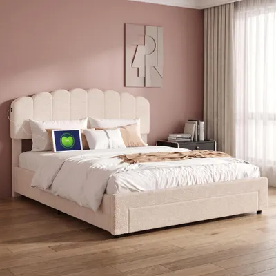 Produktbild von INONEFT Polsterbett 160x200cm mit höhenverstellbarem Kopfteil, Jugendbett Doppelbett mit USB und Steckdosen, Stauraumbett, Teddy‑Stoff, Beige