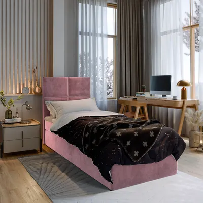 A bedroom scene with a pink bed, a desk with a computer, and a window with curtains.