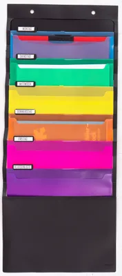 A hanging organizer with multiple colored pockets, each labeled with a white sticker.