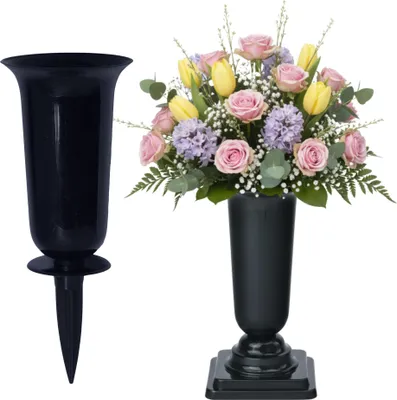 Produktbild von Grabvasen mit Erdspieß und Sockel 2er Set (31, 32 cm) grau