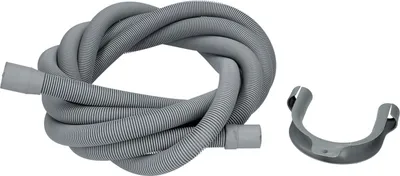 A coiled gray corrugated hose and a gray U-shaped bracket are shown against a white background.