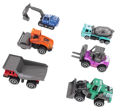 Immagine prodotto di 6 camion da cantiere, veicoli in lega di metalli di vari colori, tra cui escavatore, carrello elevatore, rullo compressore, betoniera, autocarro con cassone ribaltabile e bulldozer