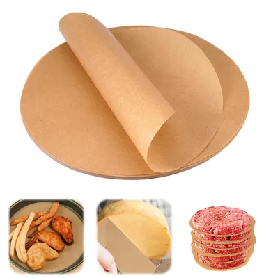 Image de 100 feuilles rondes de papier sulfurisé antiadhésif, 22 cm, pour friteuses à air chaud, hamburgers, gâteaux, pizzas et bien plus encore.