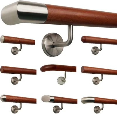 Produktbild von TIBU Mahagoni Holz Handlauf Geländer 0,3m - 5m, Länge 450 cm, Ende Edelstahlecke und 6 gewinkelte Halter
