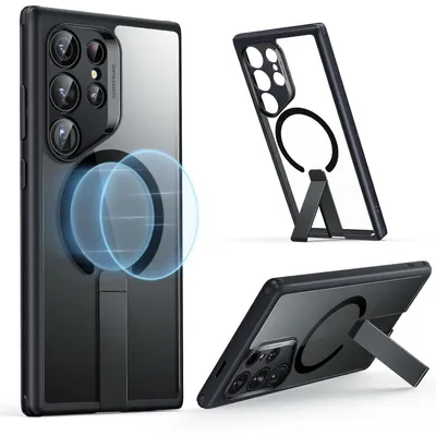 Image de Coque de protection avec support pour Samsung Galaxy S24 Ultra, compatible MagSafe, 3 modes de support, protection conforme aux normes militaires, couleur noire transparente