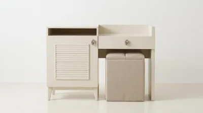Produktbild von Beiges Schlafzimmer Set Schrank Bett Kommode Modern Holz Textil