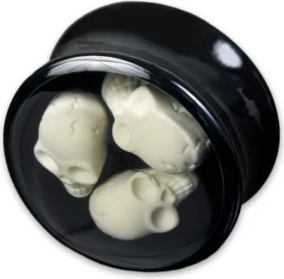 Produktbild von viva-adorno 1 Stück 10mm Double Flared Plug Flesh Tunnel Saddle Plug Totenköpfe 3D ohne Gewinde Kunststoff Acryl Größe 10 - 24mm Z421