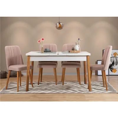 Obrázok produktu pre Skye Decor, Santiago White Stone, súprava rozkladacieho jedálenského stola a stoličiek (5 kusov), atlantická borovica, 100 % MELAMÍNOM POTRETÁ DOSKA, 120 x 75 x 77 cm