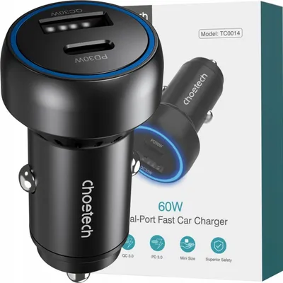 Obrázek produktu pro USB-C USB-A PD 60W autonabíječka s LED podsvícením, černá