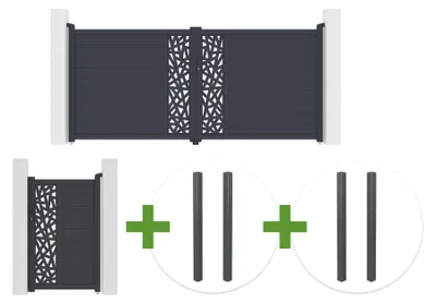 Produktbild von RUIVO 3,5 m H. 160 cm graues Aluminium-Schwingtor + RUIVO 1 m H. 160 cm Fußgängertor + 4 Pfosten